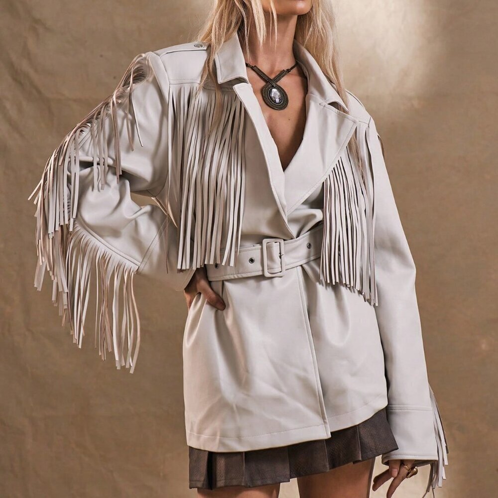 Beige Boho Women's Western Fringe Woven Fabric Jacket Coat - Picture 1 of 5
